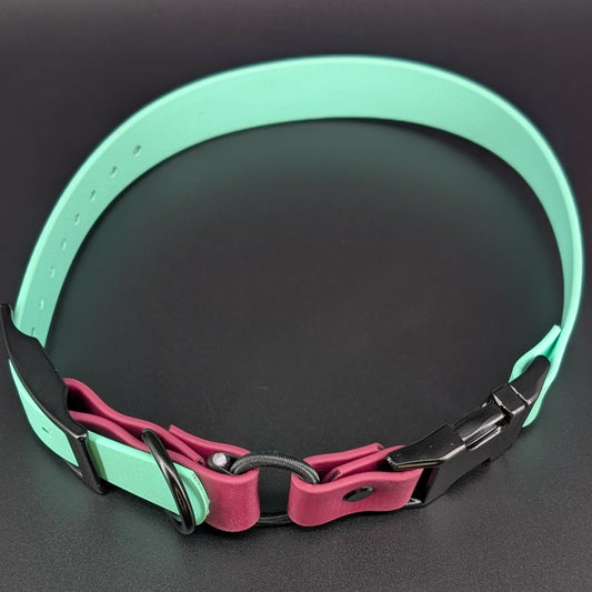 mint green and wine biothane e-collar strap with bungee and black quick release buckle
