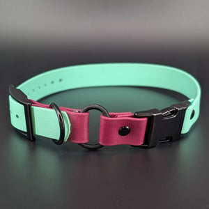 mint green and wine biothane e-collar strap with bungee and quick release buckle black hardware