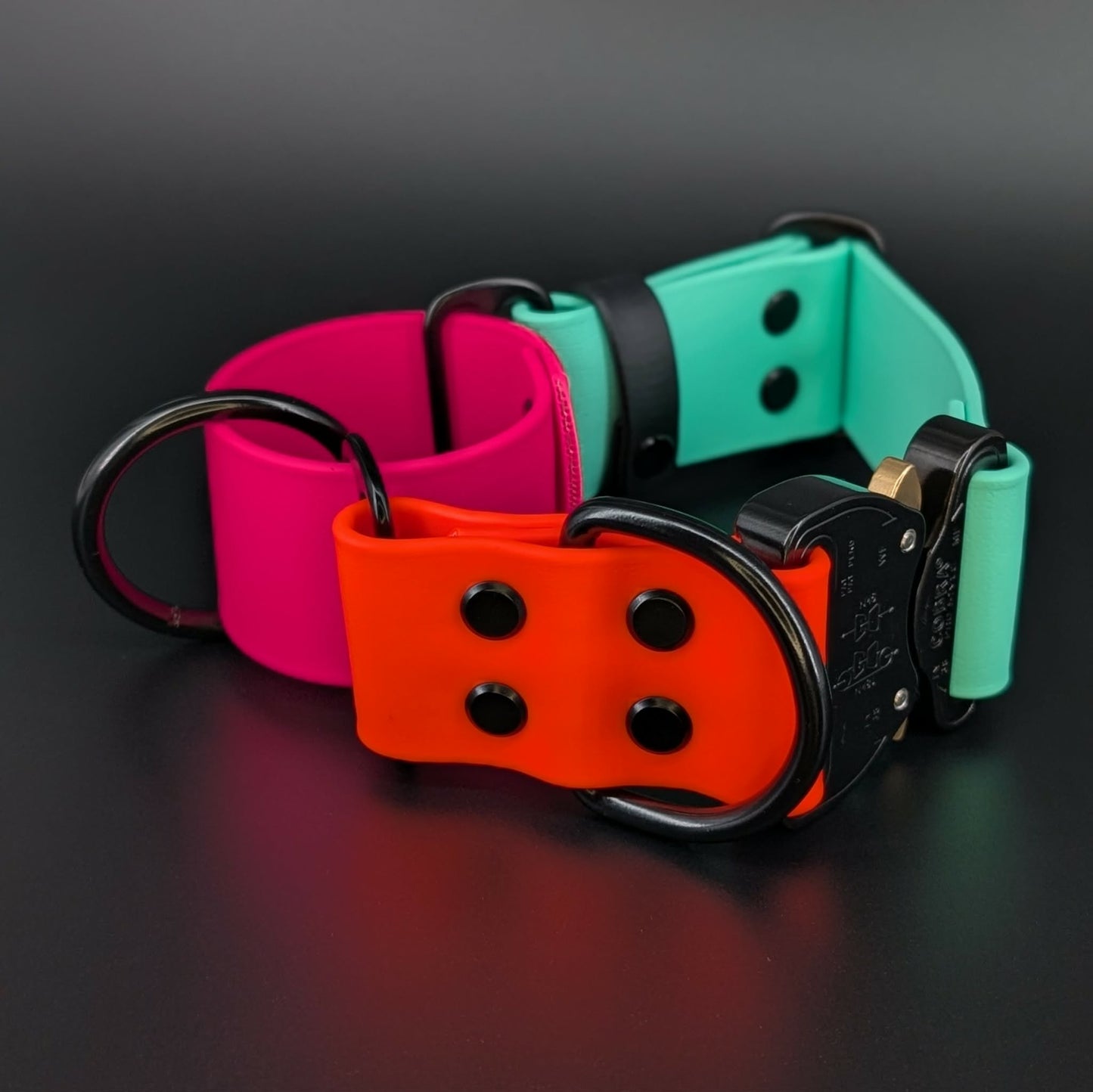 mint green orange and pink biothane martingale dog collar with black quick release cobra buckle