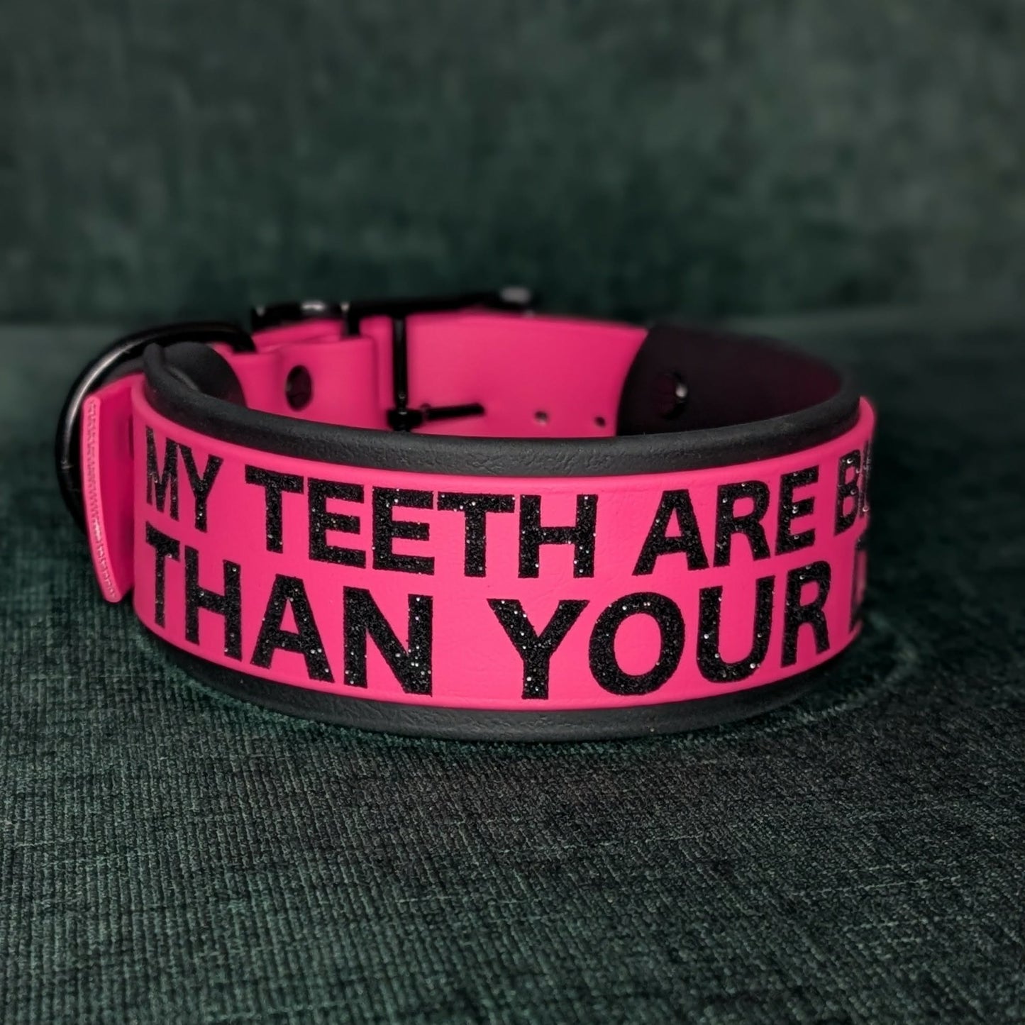 2 inch wide biothane collar pink and black my teeth are bigger than your dick