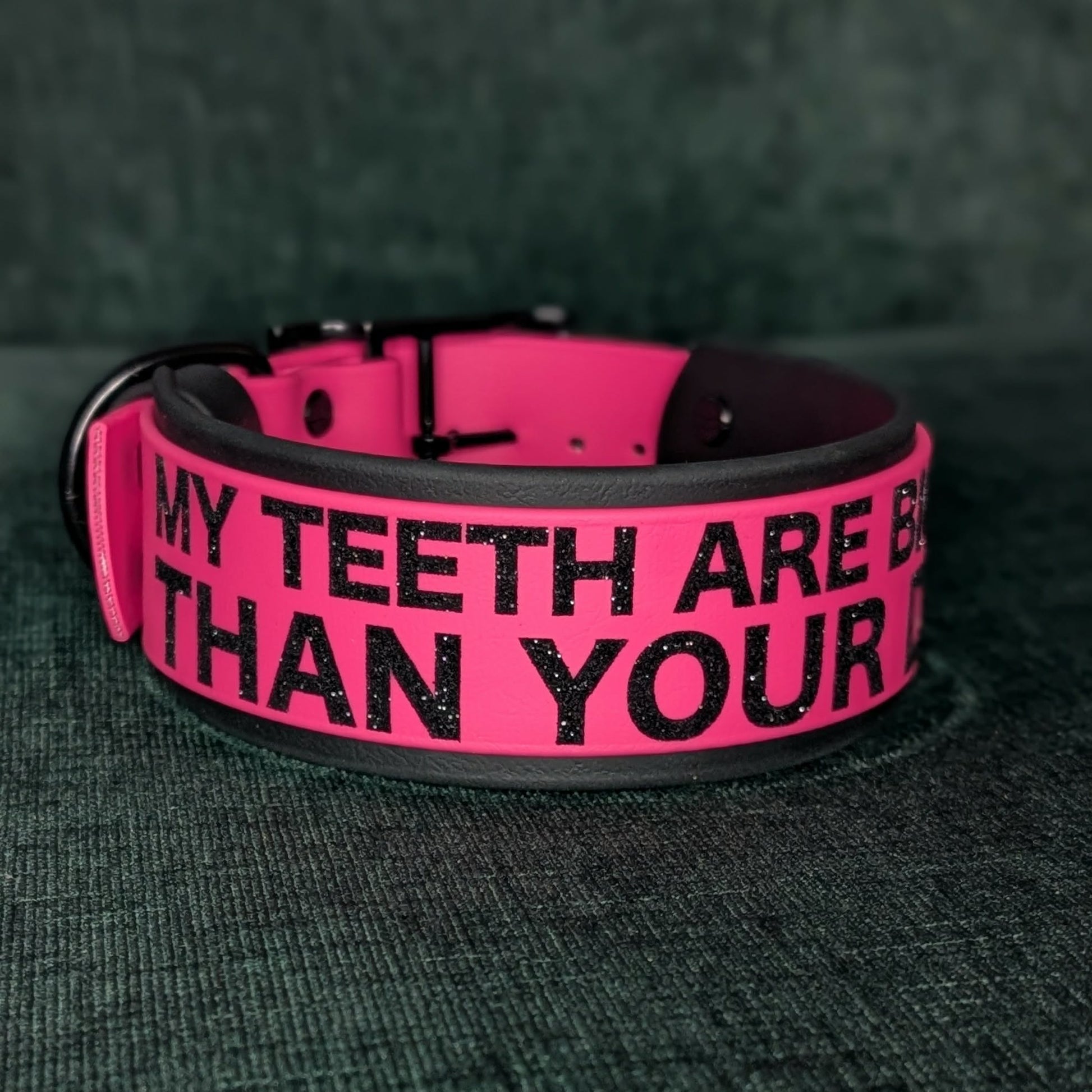2 inch wide biothane collar pink and black my teeth are bigger than your dick