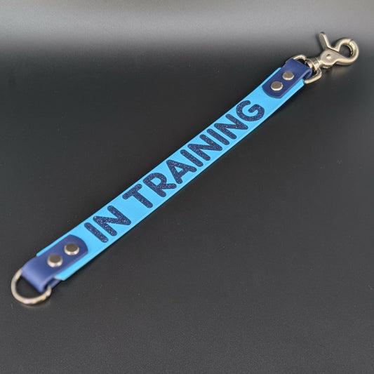 navy and light blue biothane leash wrap with in training text