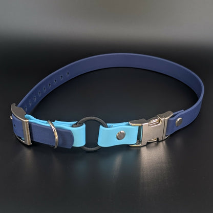 navy blue and light blue biothane e-collar strap with bungee and quick release buckle
