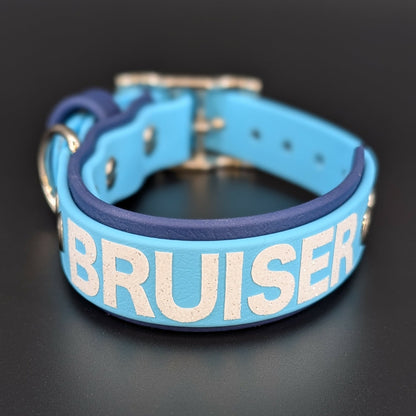 navy blue and light blue layered biothane dog collar