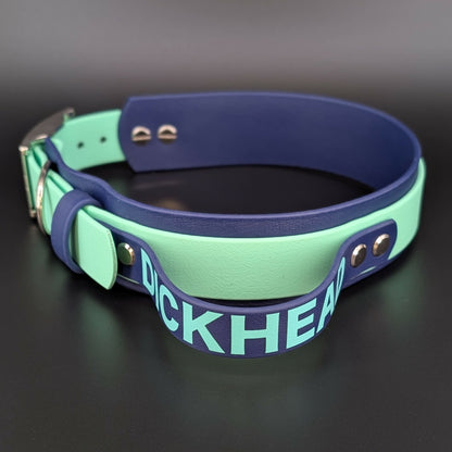 navy blue and mint green layered biothane collar with tactical handle and custom text