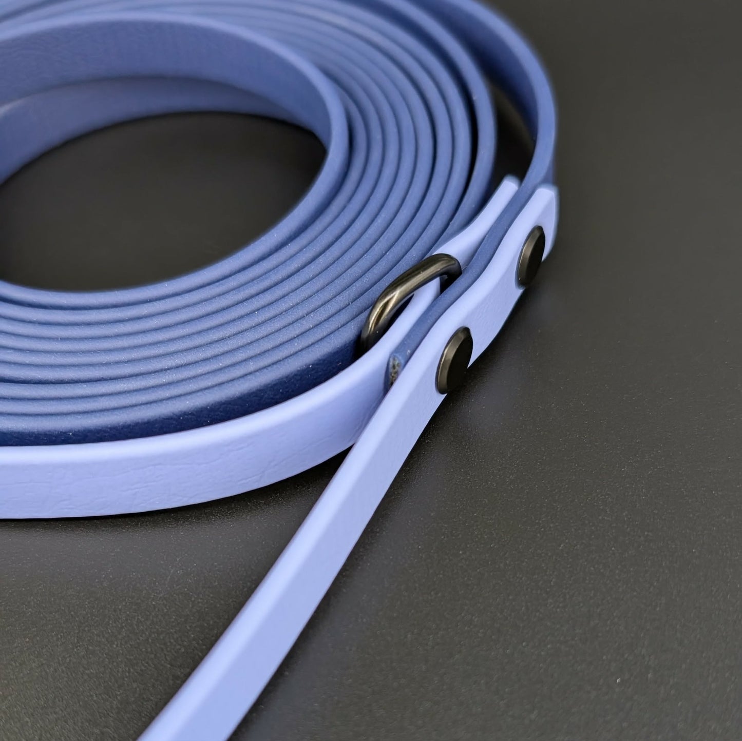 navy blue and periwinkle biothane dog leash with black hardware