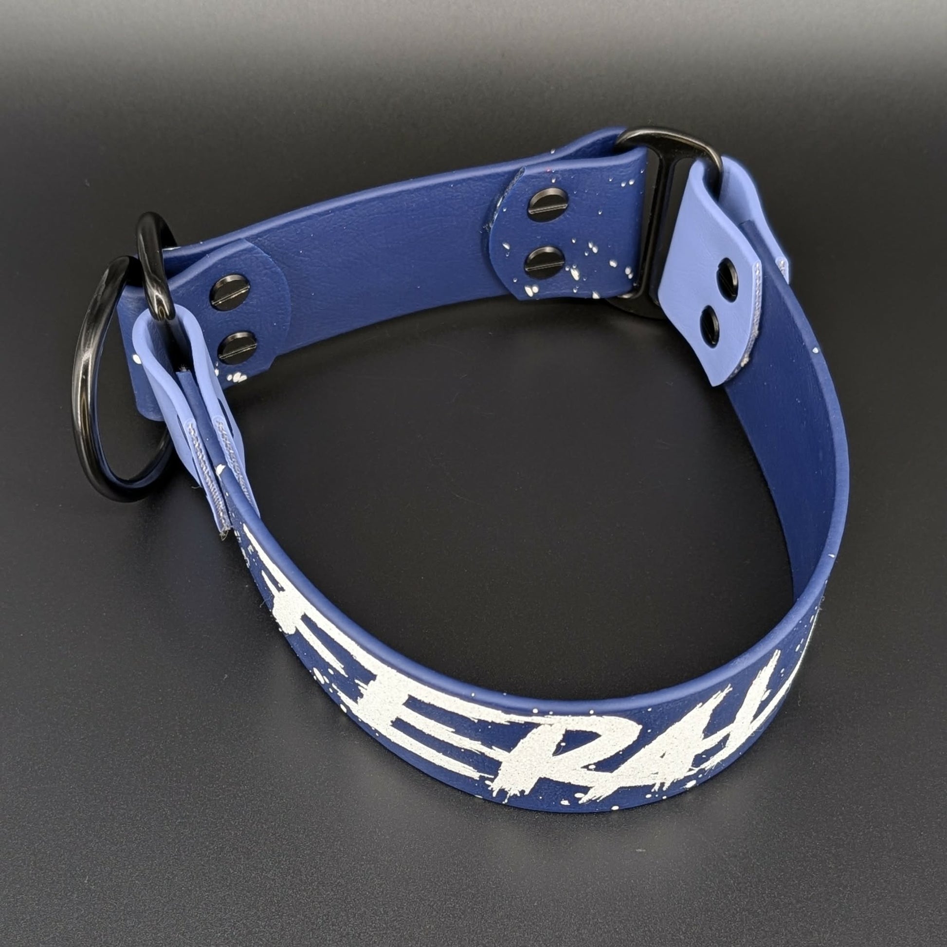 navy blue and periwinkle biothane limited slip collar splatter paint