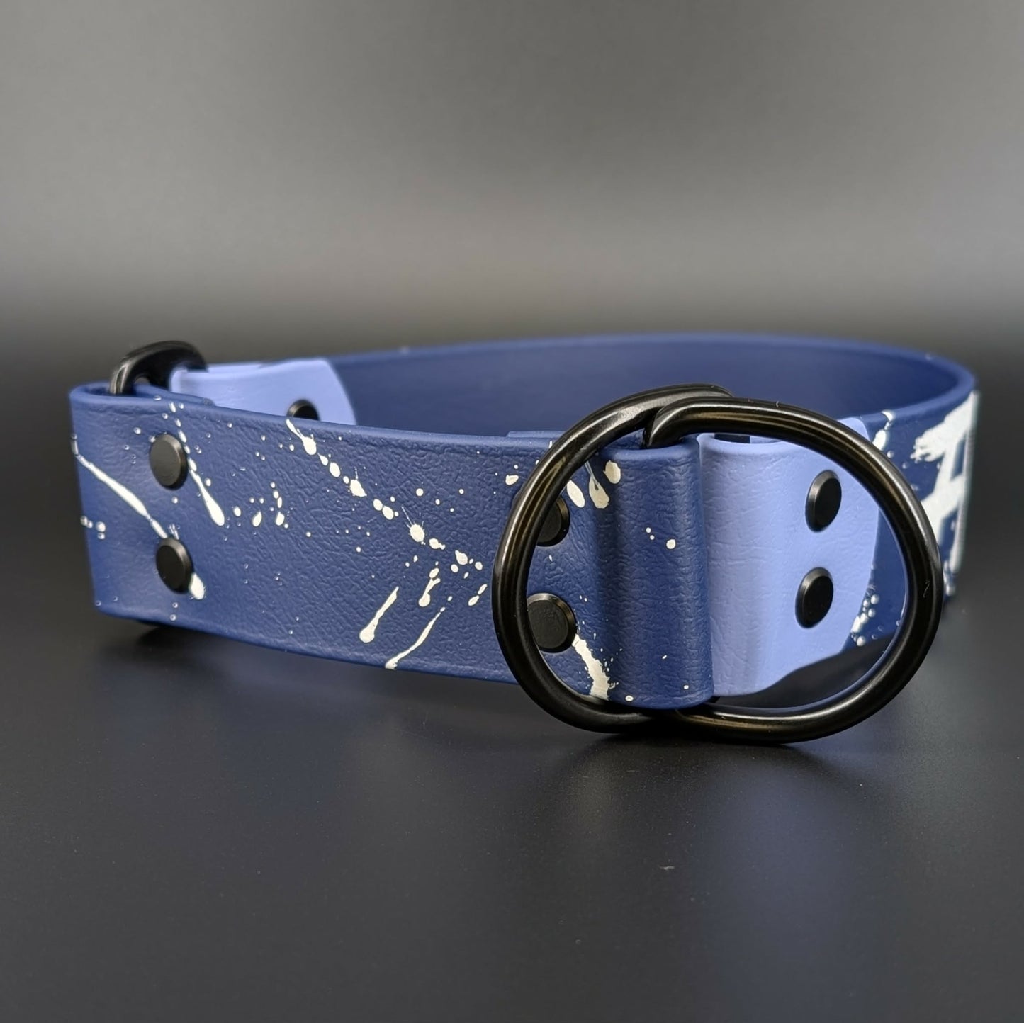 navy blue and periwinkle biothane limited slip collar with splatter paint