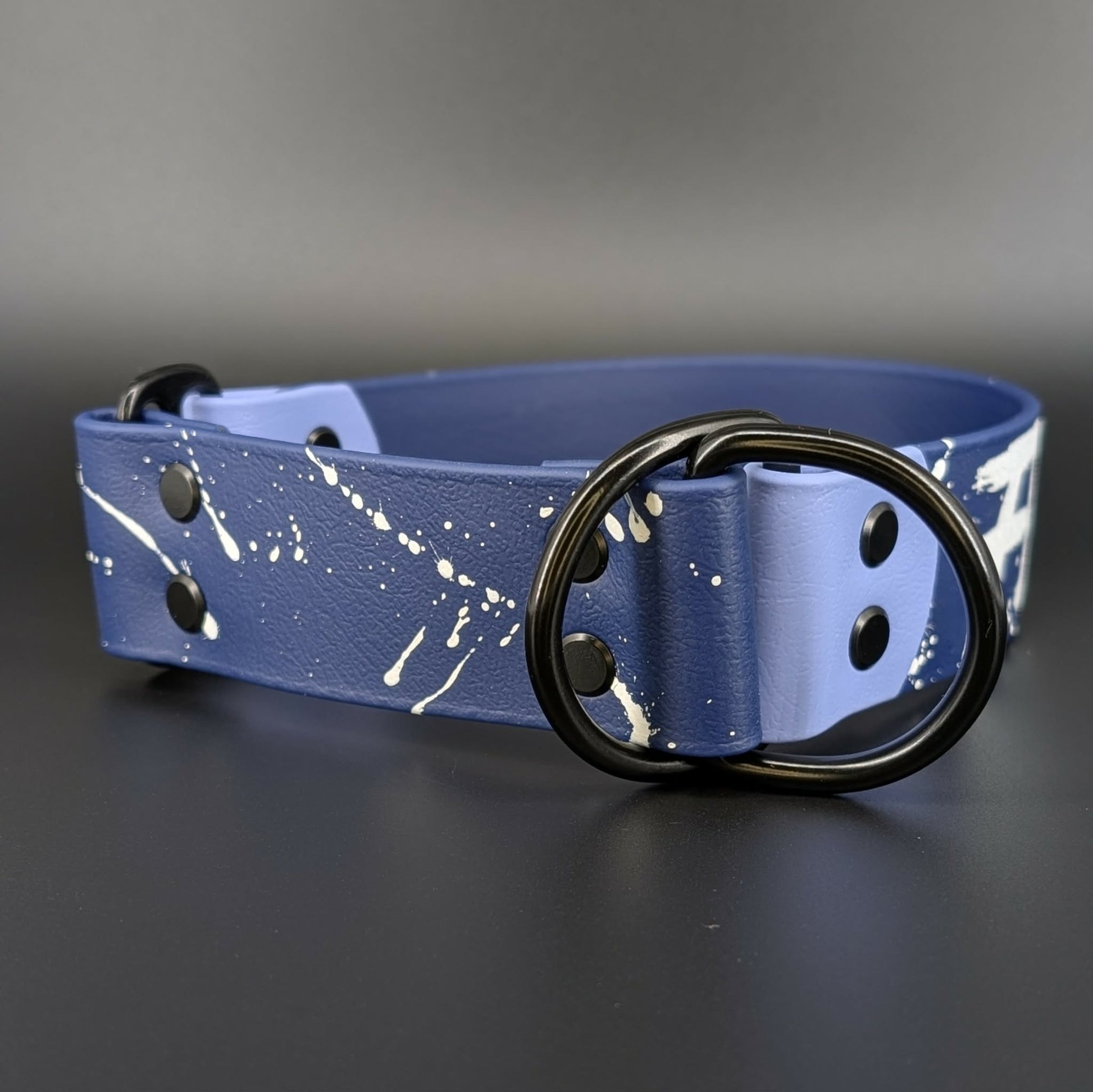 navy blue and periwinkle biothane limited slip collar with splatter paint