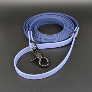 navy blue and periwinkle blue biothane long line with black trigger snap