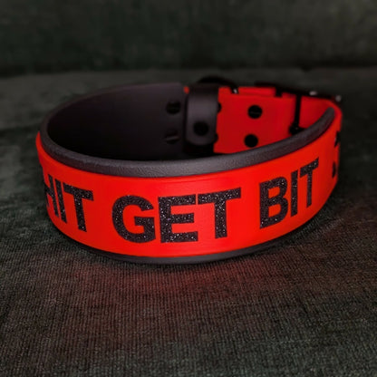 orange and black 2 inch wide biothane talk shit get bit dog collar