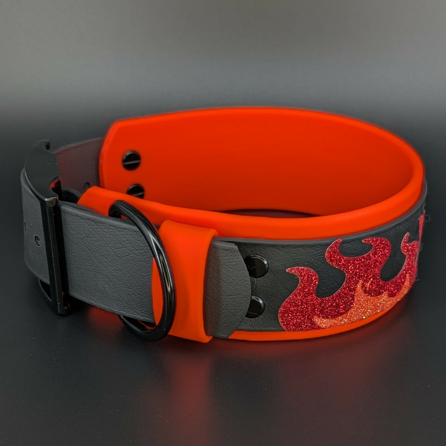 orange and black layered biothane dog collar glitter flames