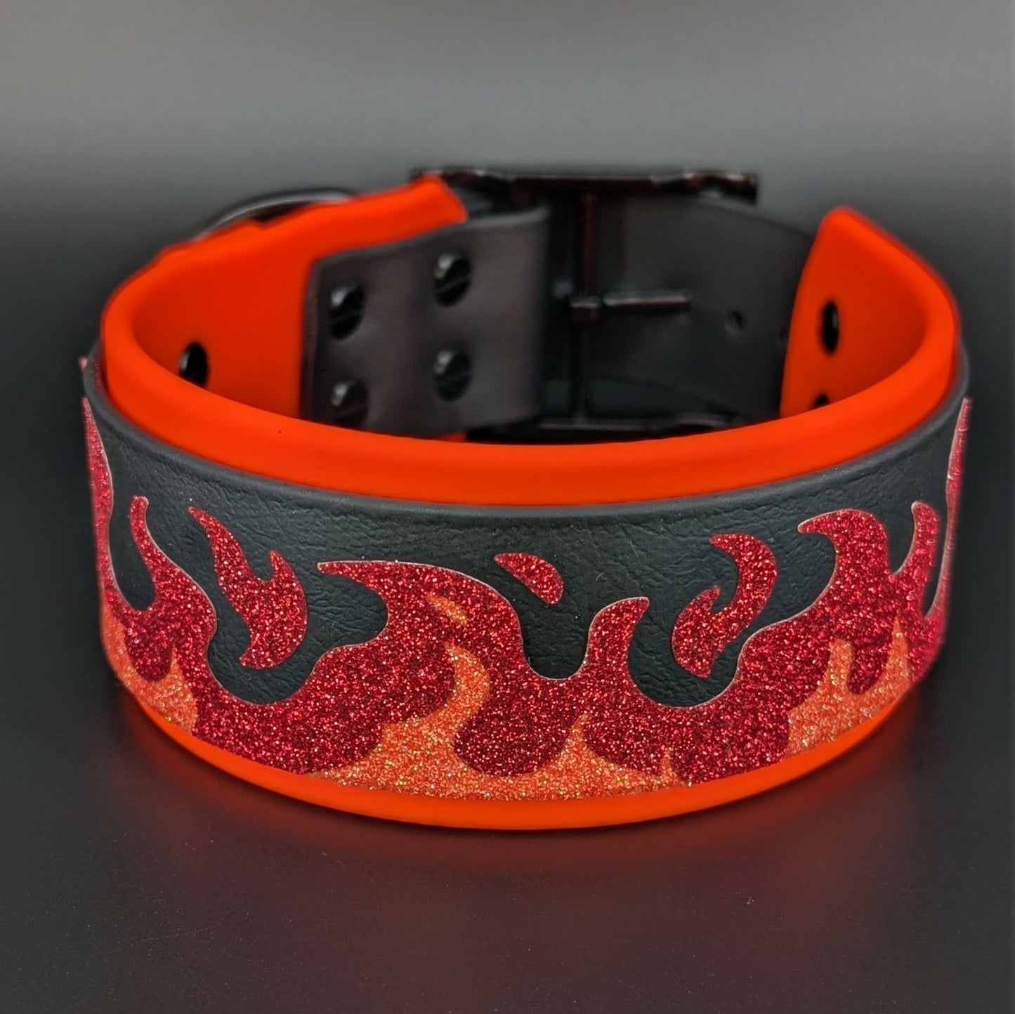 orange and black layered biothane dog collar with glitter flames