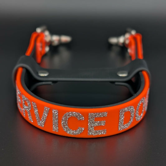 orange and black layered biothane pull strap for service dog