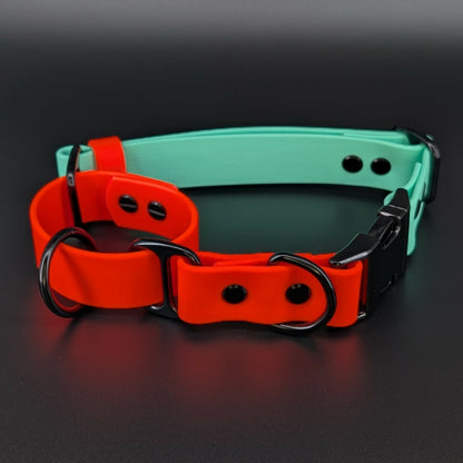 orange and mint green biothane martingale dog collar with quick release