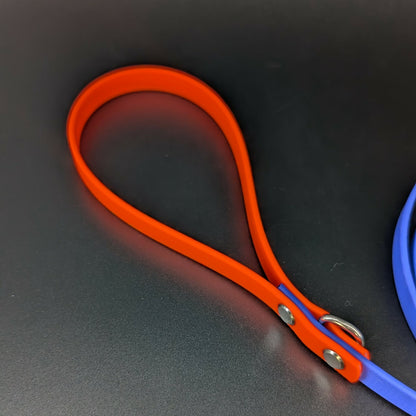 orange handle on royal blue biothane slip lead