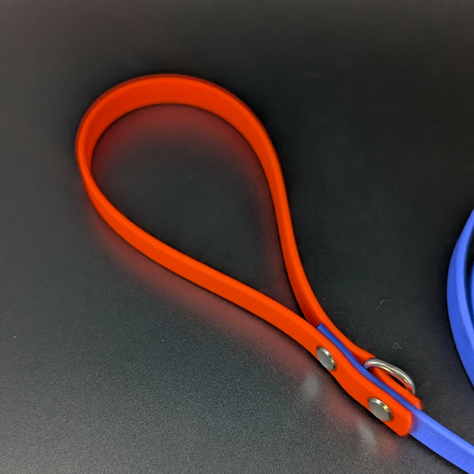 orange handle on royal blue biothane slip lead