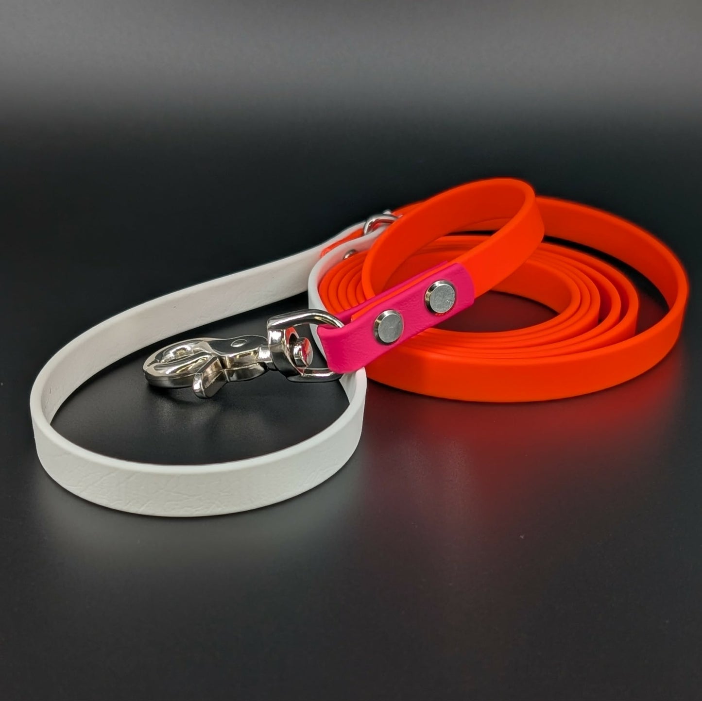 orange white and pink biothane dog leash with silver hardware
