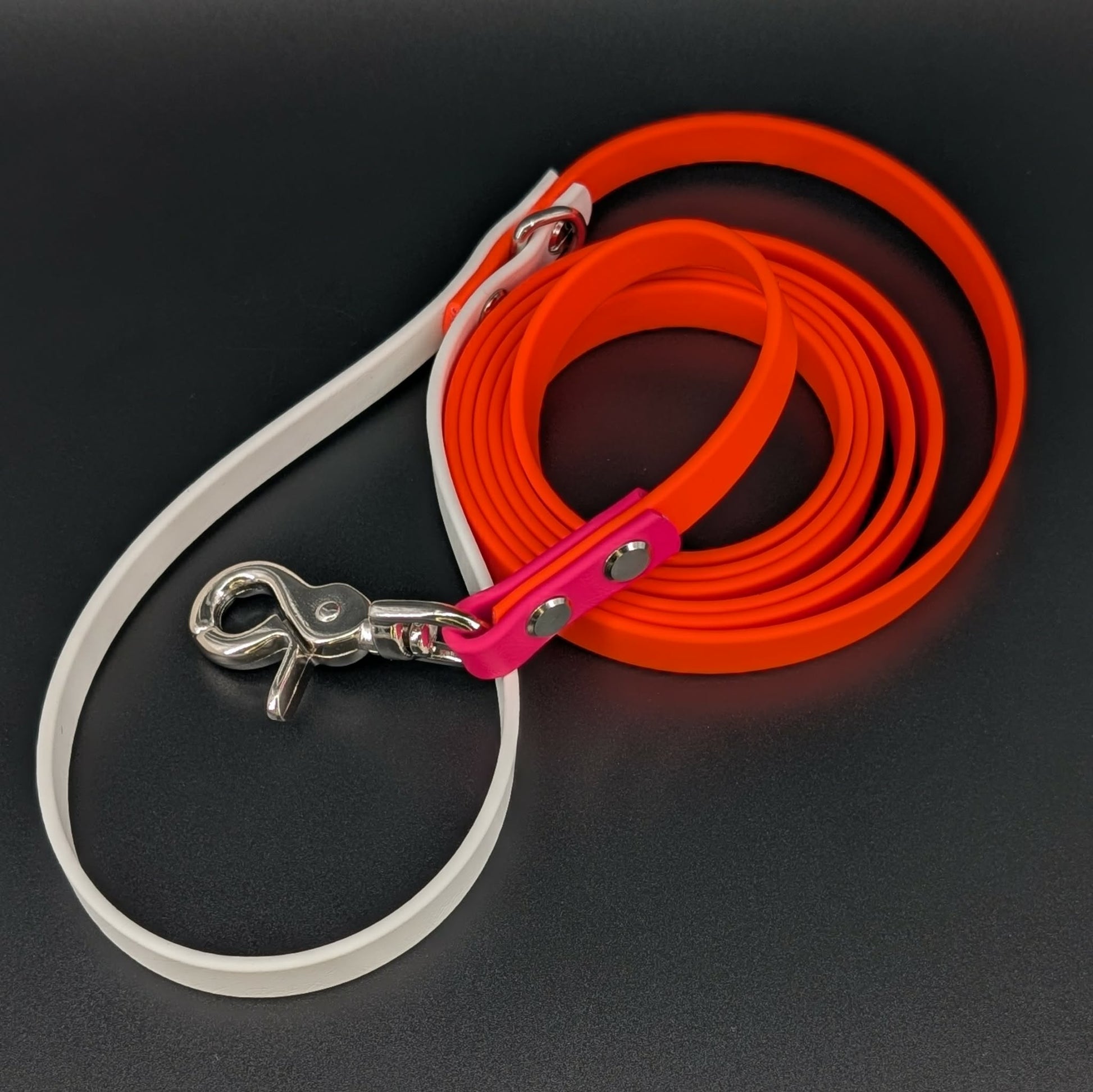 orange white and pink biothane dog leash