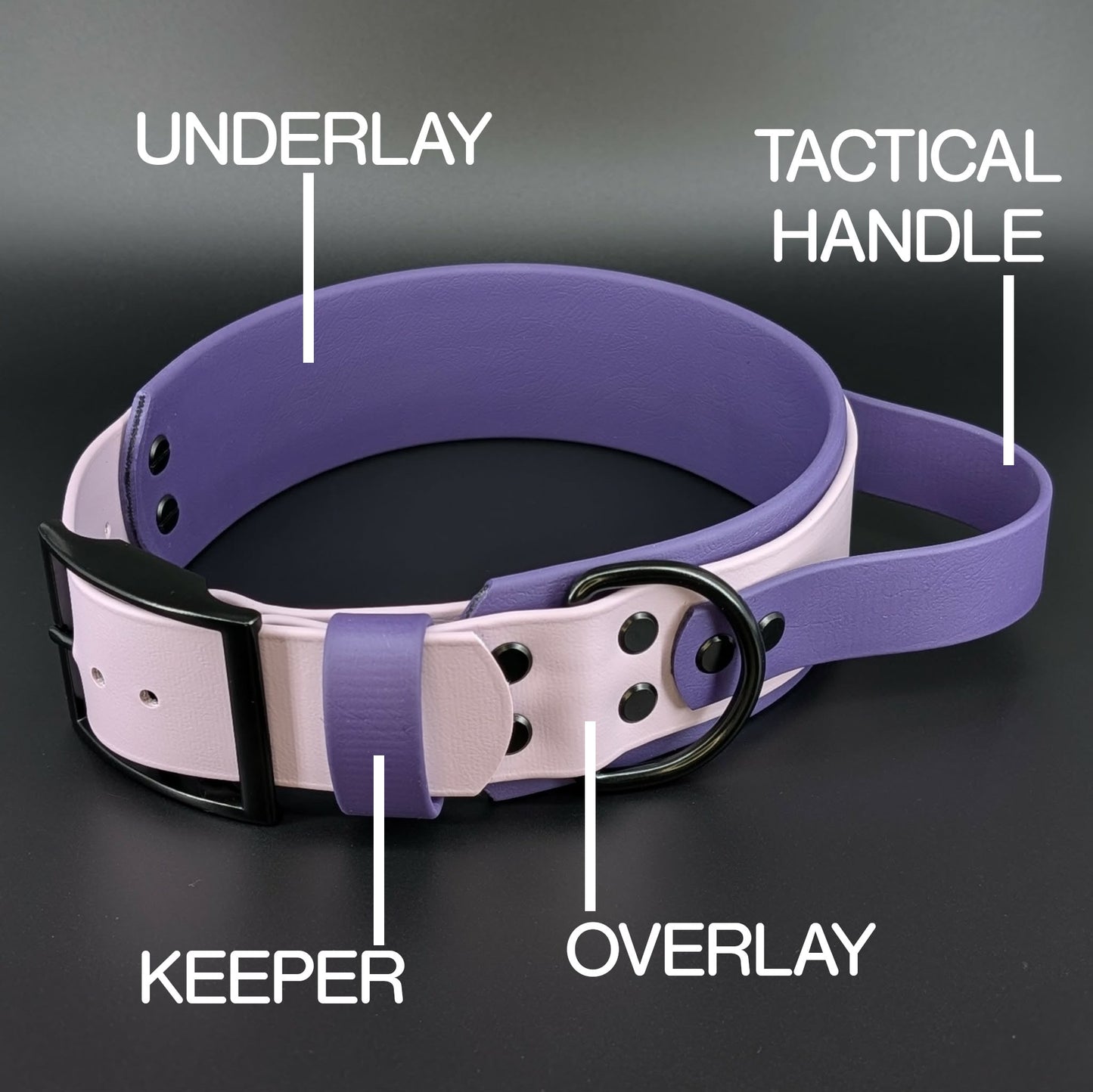parts of the layered biothane dog collar including underlay overlay keeper and tactical handle