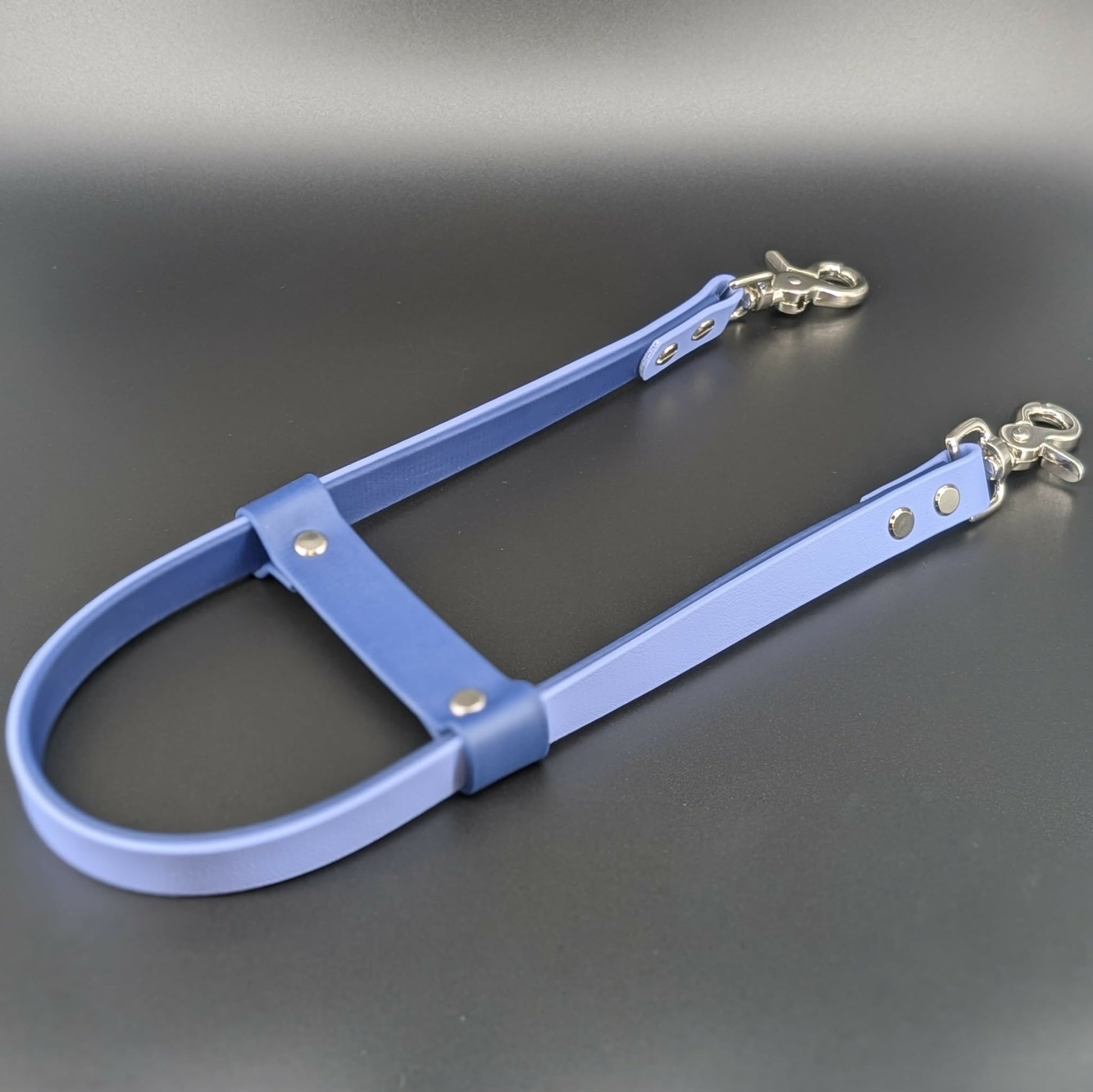 periwinkle and navy blue layered biothane pull strap for service dog task