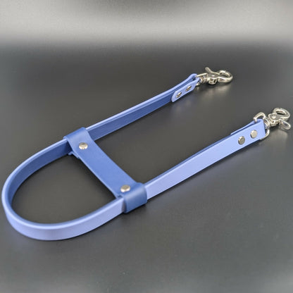 periwinkle and navy blue layered biothane pull strap for service dog task