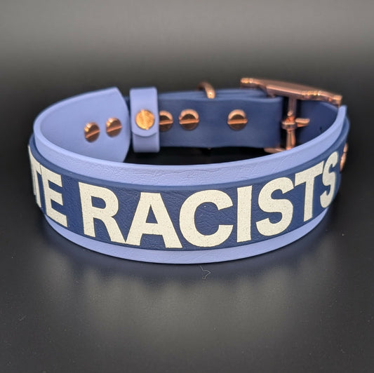periwinkle blue and navy blue layered biothane dog collar with custom text reading I bite racists