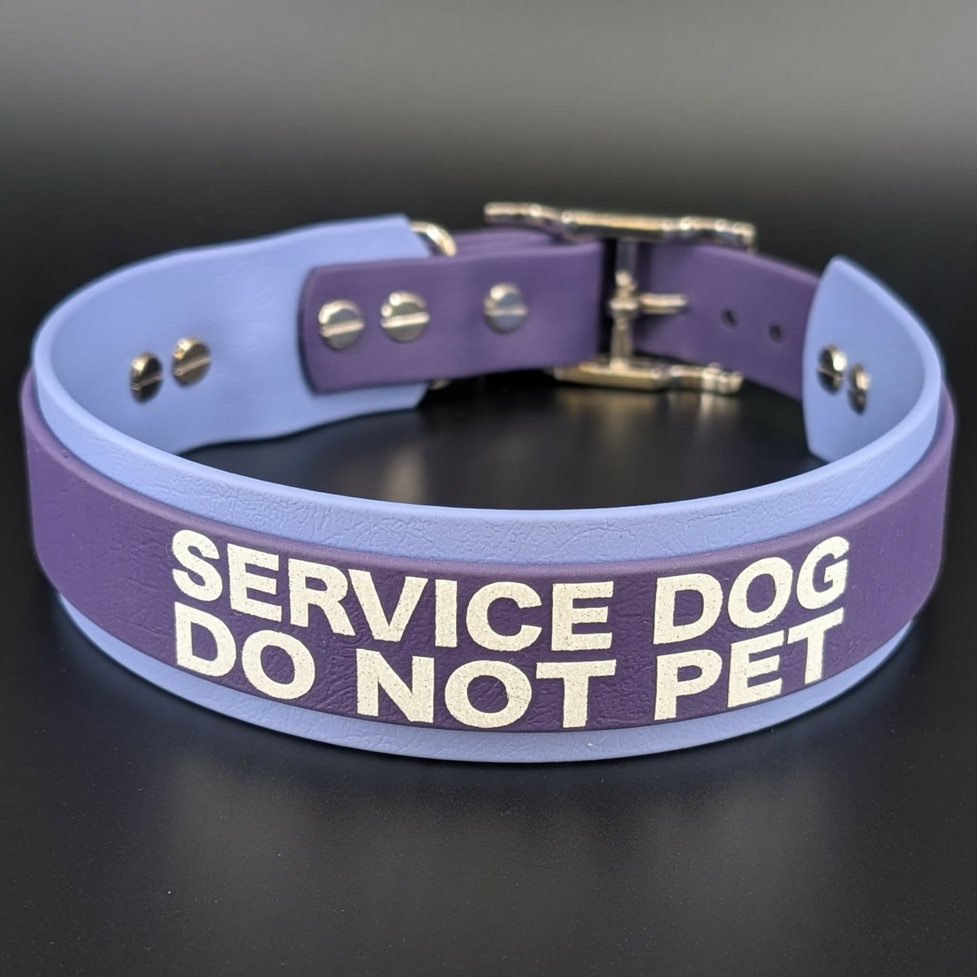 periwinkle and purple layered biothane dog collar service dog do not pet text