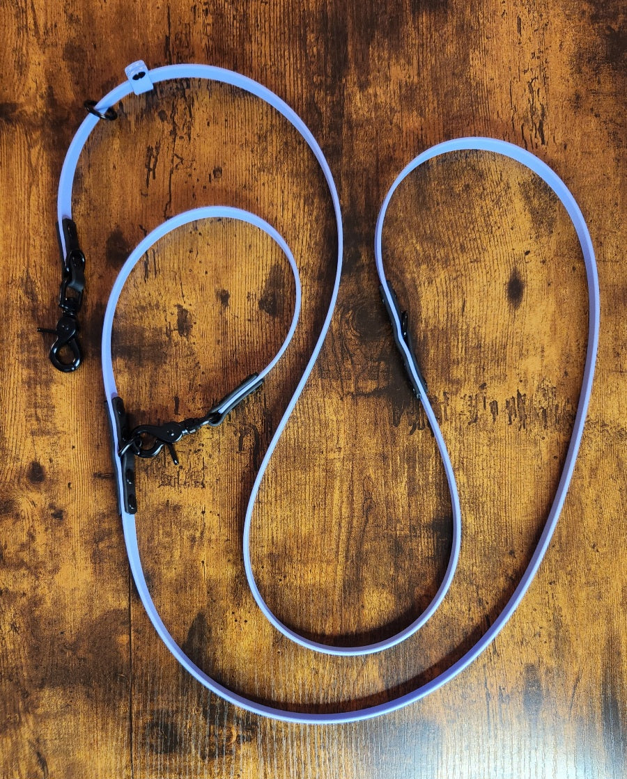 periwinkle blue and black biothane hands free slip lead