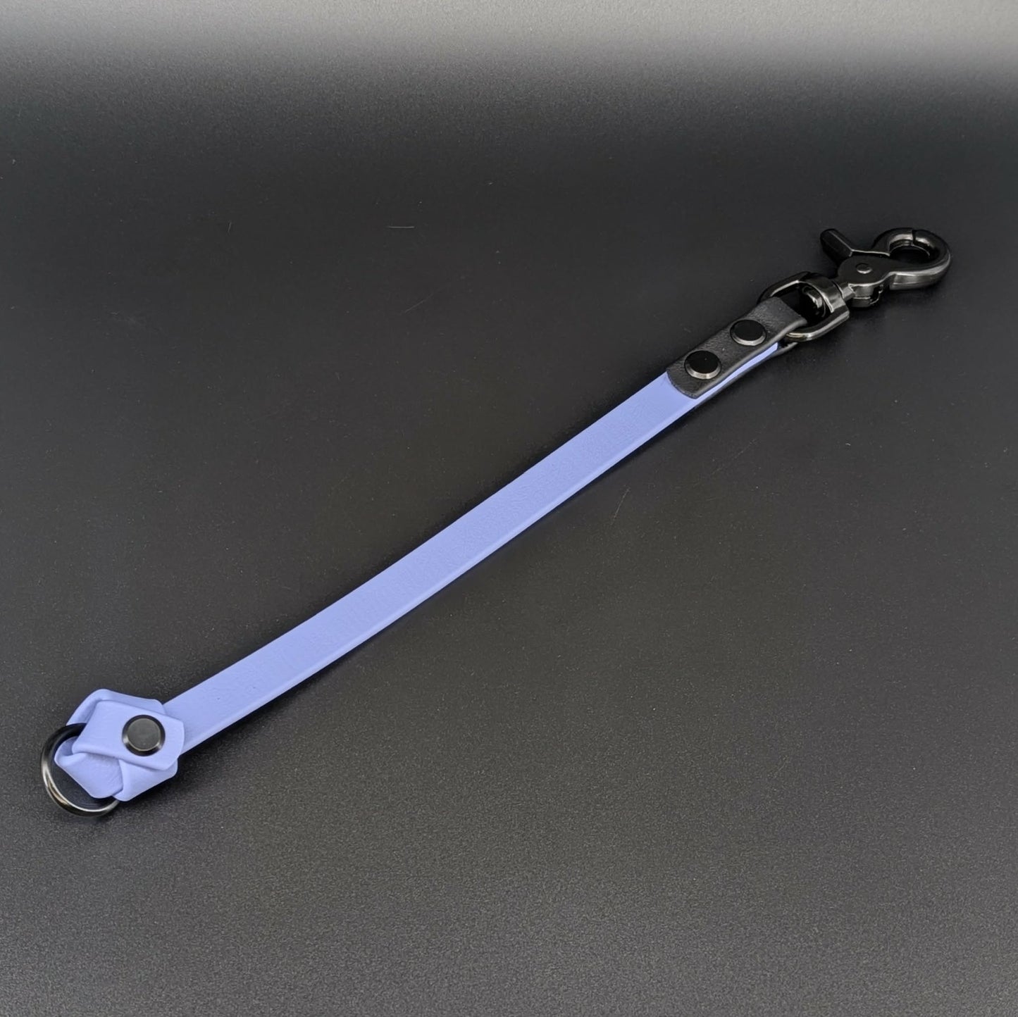 periwinkle blue and black biothane knotted traffic tab with black hardware