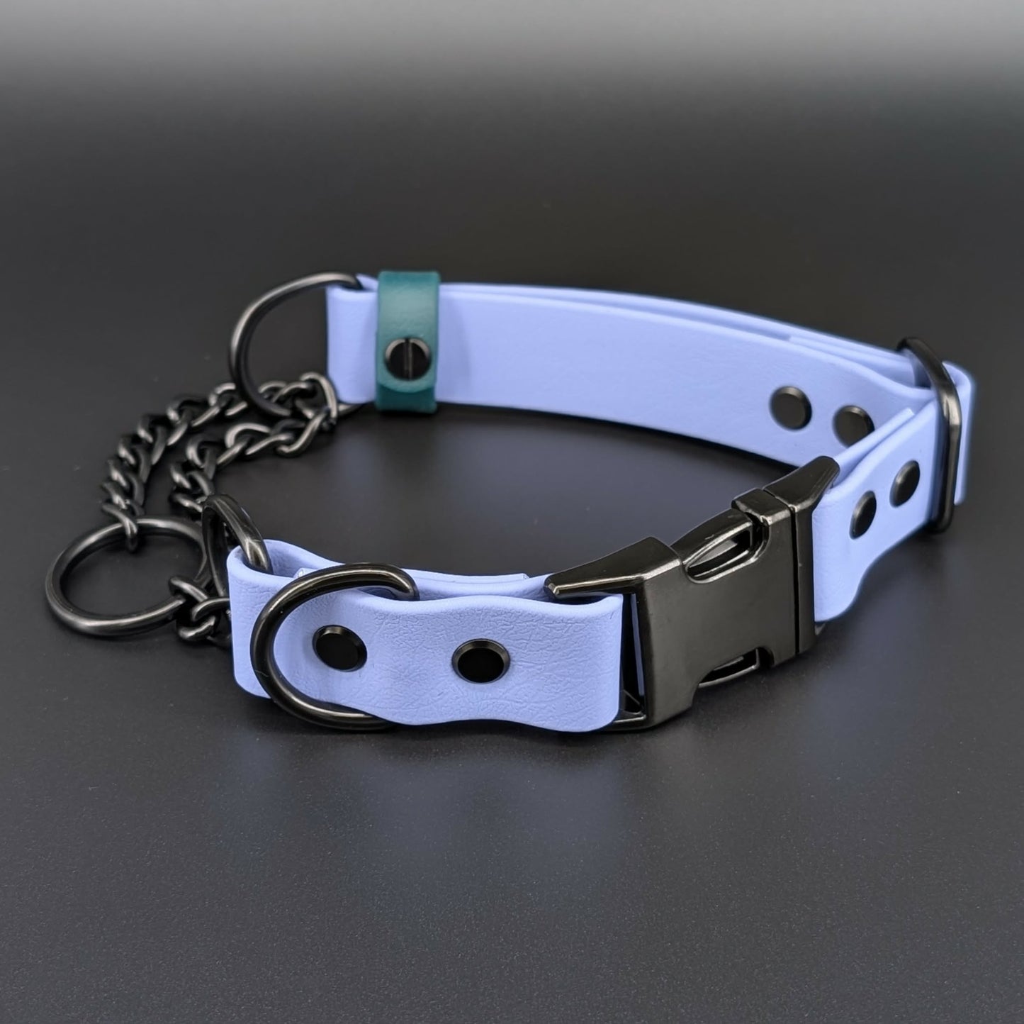 periwinkle blue and dark green biothane chain martingale dog collar with quick release buckle and black hardware