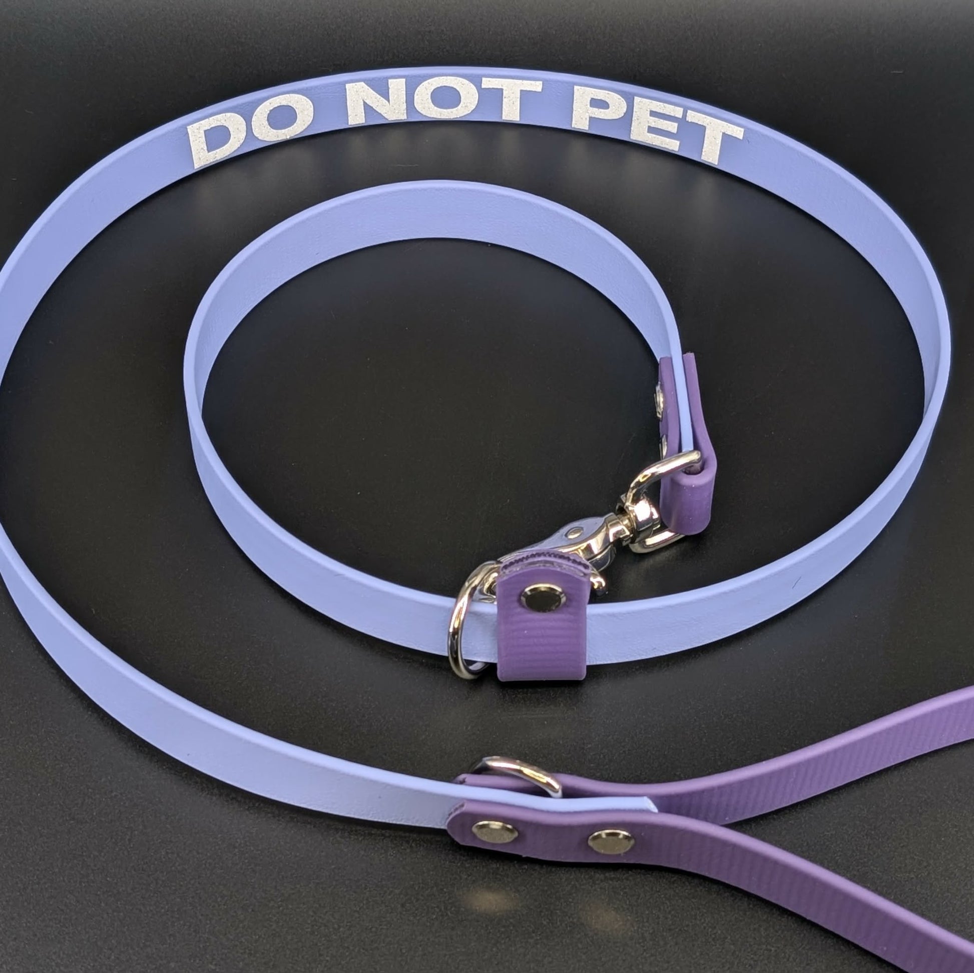 periwinkle blue and dark purple biothane convertible slip lead with glitter do not pet text