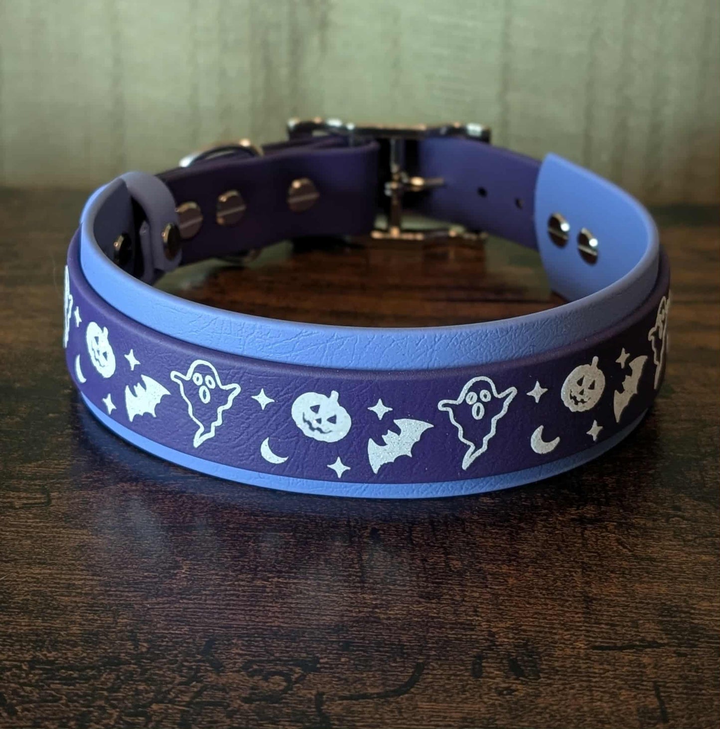 periwinkle blue and dark purple layered biothane halloween dog collar