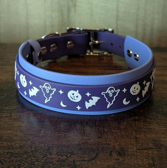 periwinkle blue and dark purple layered biothane halloween dog collar