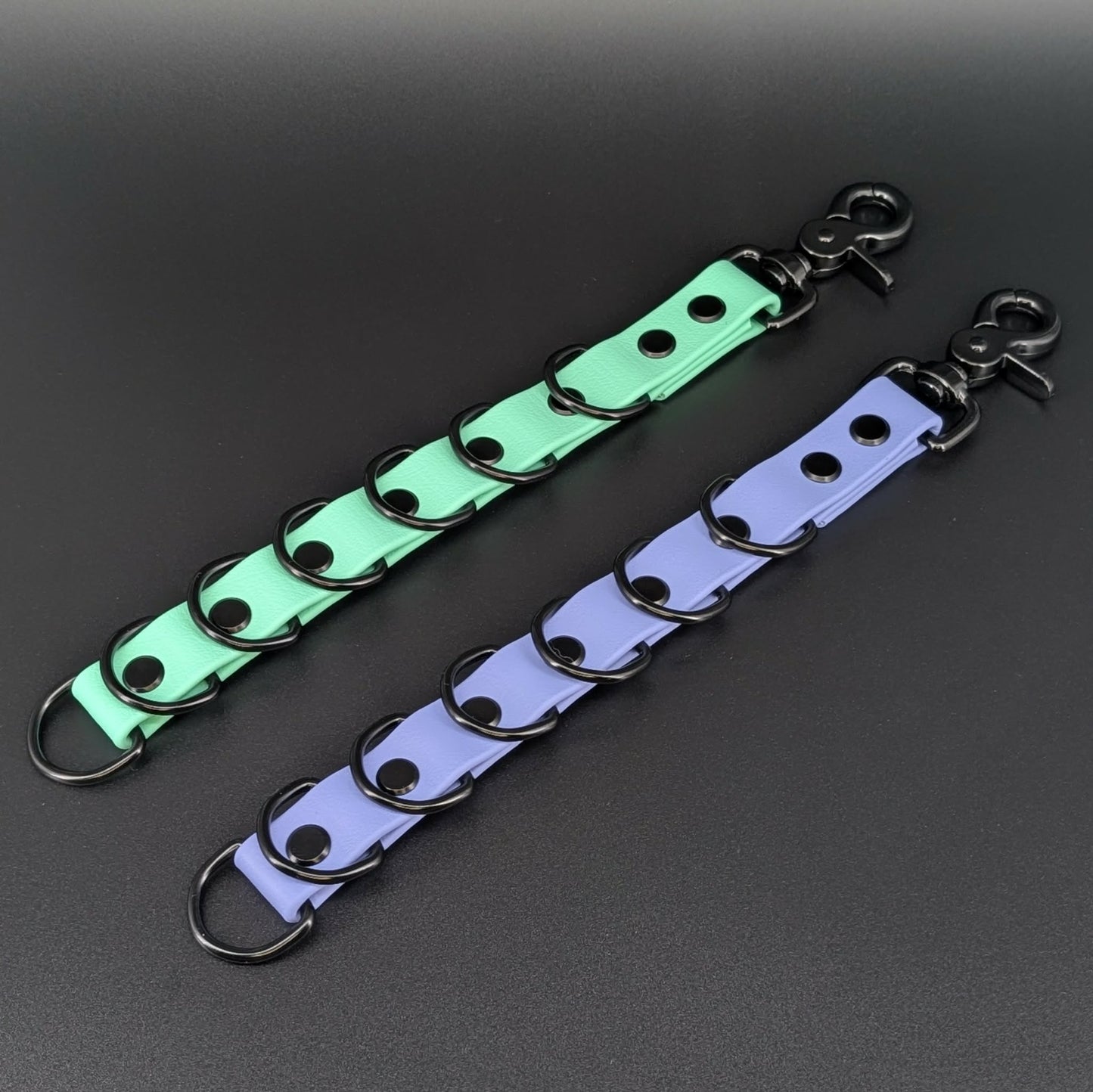 periwinkle blue and mint biothane dog grooming loop extenders with black hardware