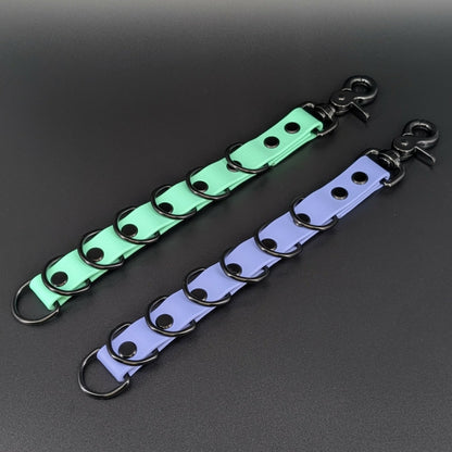 periwinkle blue and mint biothane dog grooming loop extenders with black hardware