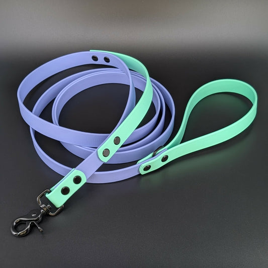 periwinkle blue and mint green biothane dog leash with built in traffic handle
