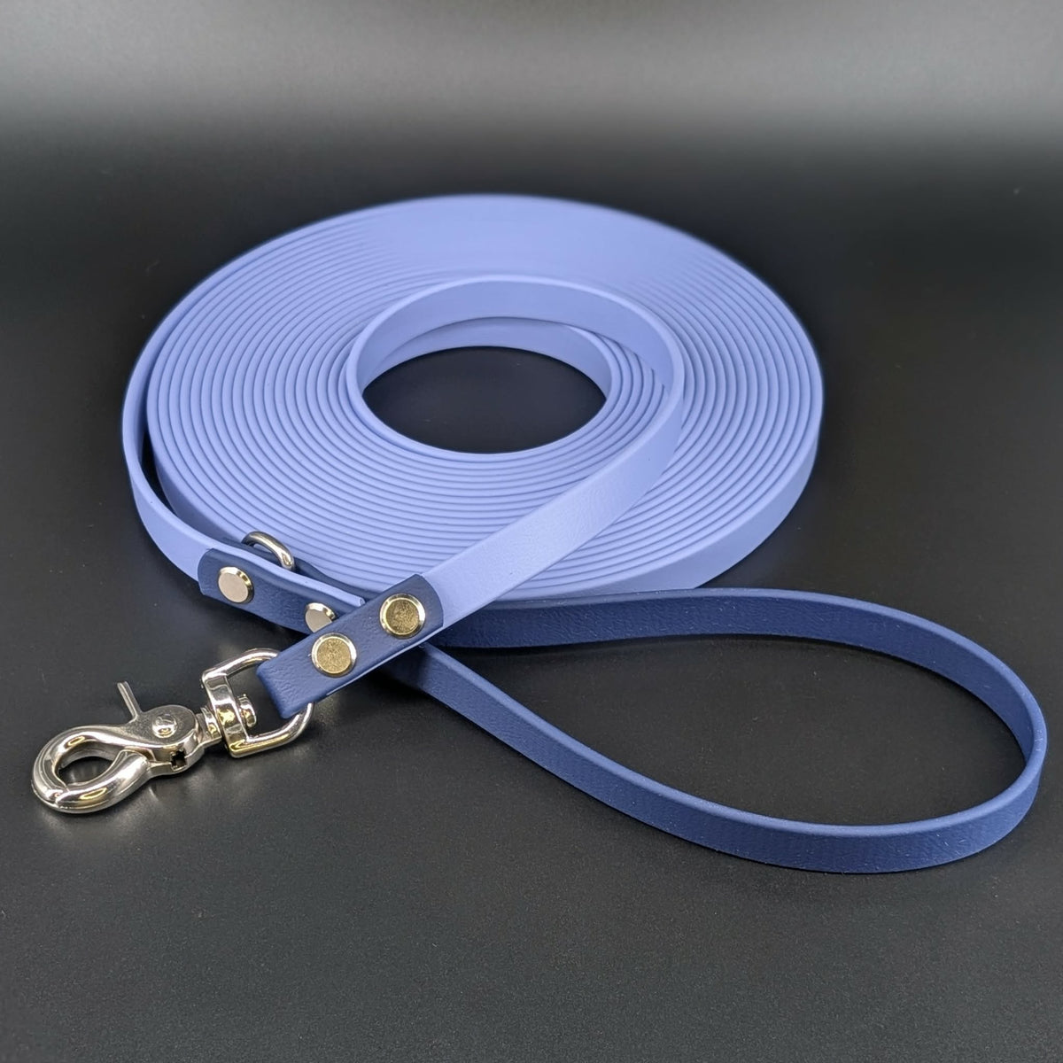 periwinkle blue and navy biothane long line for dog training