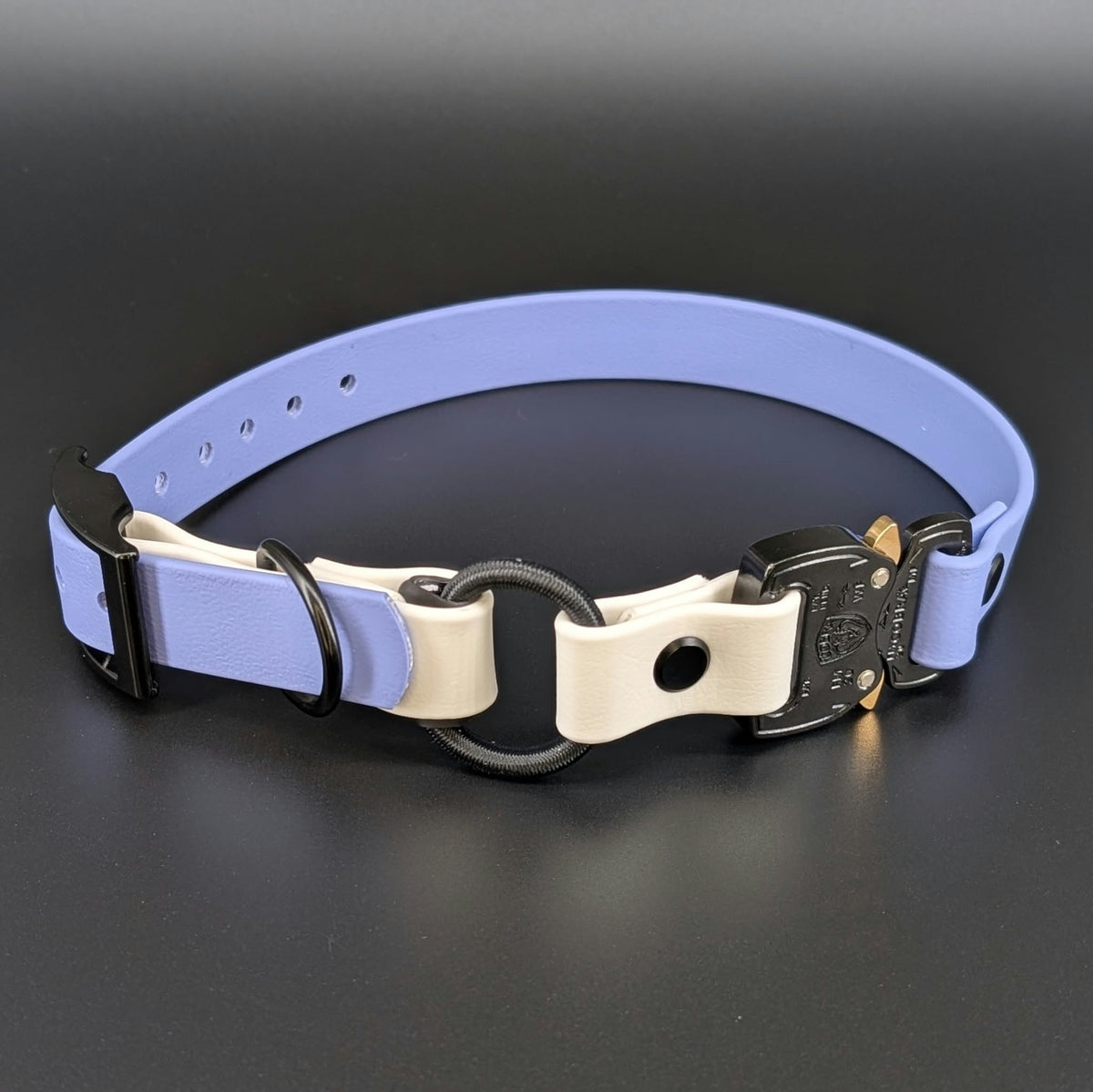 periwinkle blue and white biothane e-collar strap with bungee and quick release cobra buckle