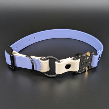 periwinkle blue and white biothane e-collar strap with bungee and quick release cobra buckle