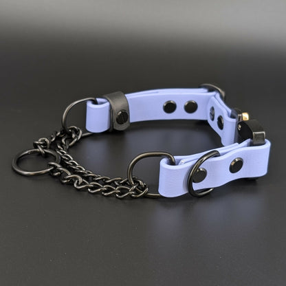 periwinkle blue biothane and black chain martingale dog collar with quick release cobra buckle