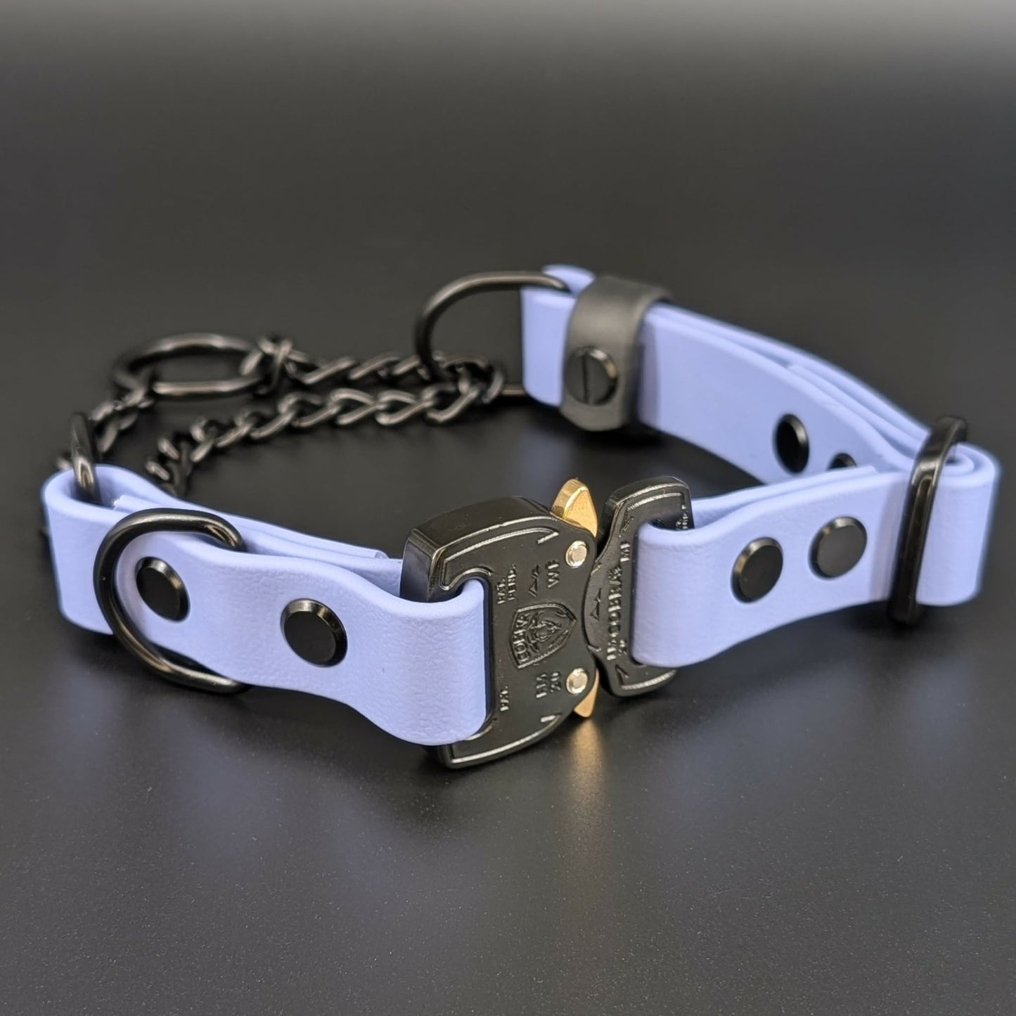 periwinkle blue biothane chain martingale dog collar with black quick release cobra buckle