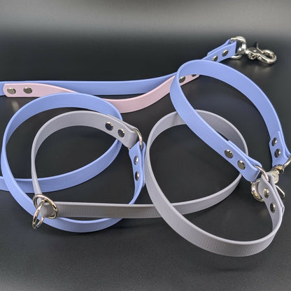 periwinkle blue gray and lavender biothane hands free dog leash with traffic handle and waist attachment