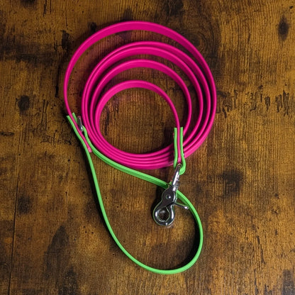 pink and green biothane dog leash waterproof and stinkproof