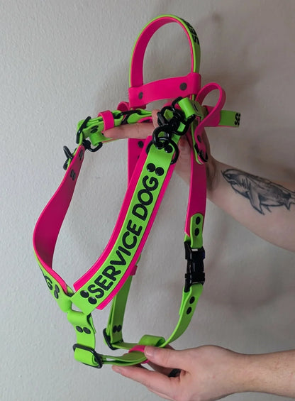 pink and green counterbalance handle service dog harness with detachable pull strap