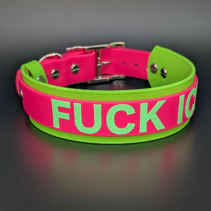 pink and green layered biothane dog collar fuck ice