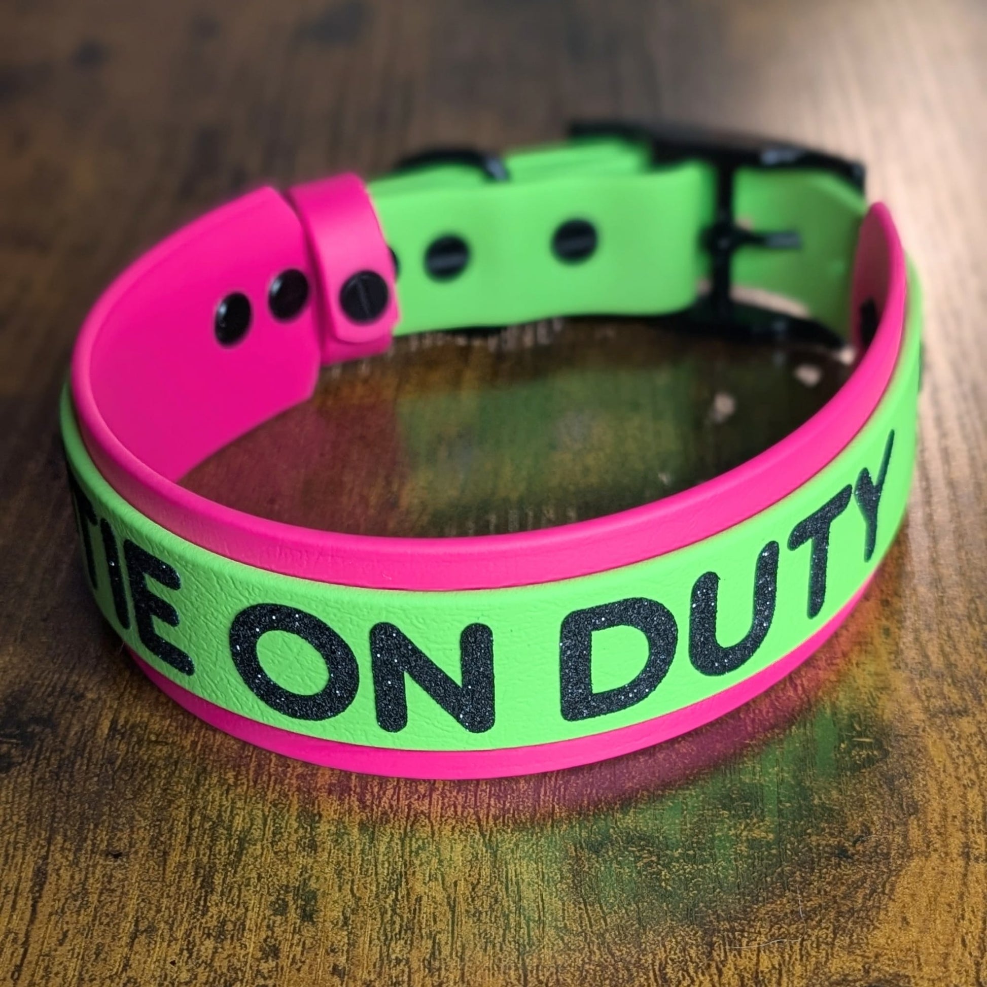 cutie on duty service dog collar on layered pink and green biothane