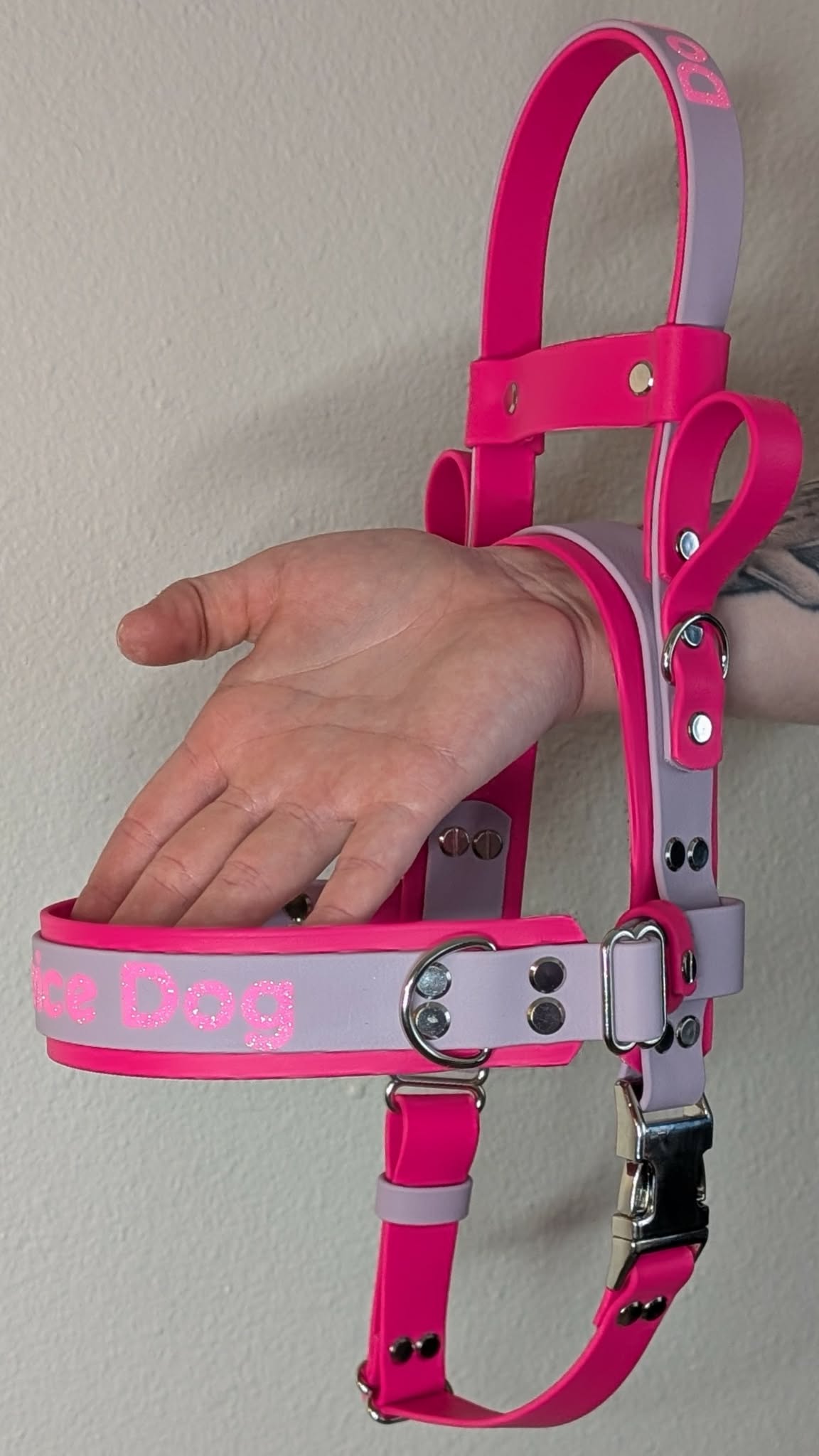 pink and lavender biothane straight front service dog mobility harness with counterbalance handle