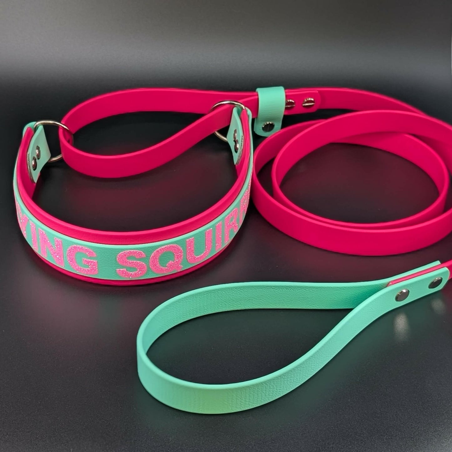 pink and mint green layered biothane French martingale dog collar with custom glitter text