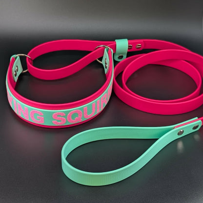 pink and mint green layered biothane French martingale dog collar with custom glitter text